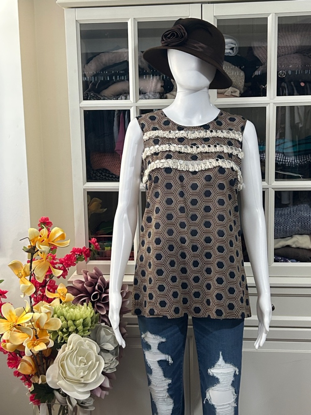 Tory Burch Brown and Navy Hexagon-Print Fringe-Trim Sleeveless Tank
